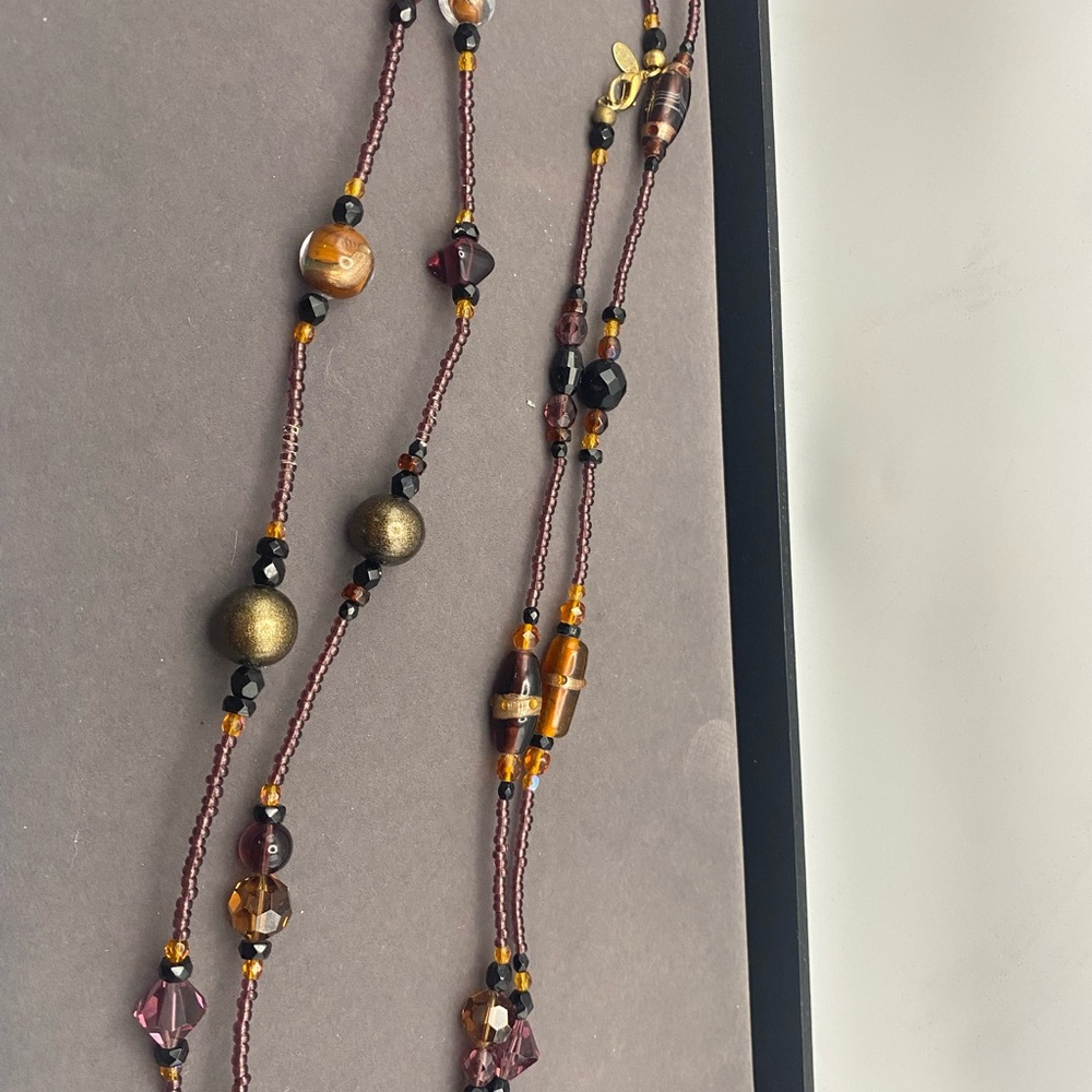 Stunning MeiFa LONG Glass Beaded Brown, Maroon and Amber Women's Necklace